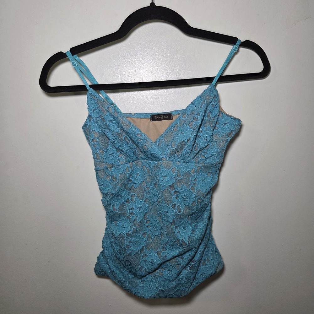 Turquoise Floral Lace Babydoll Cami Tank Top Size Small Coquette Y2K Fairycore
